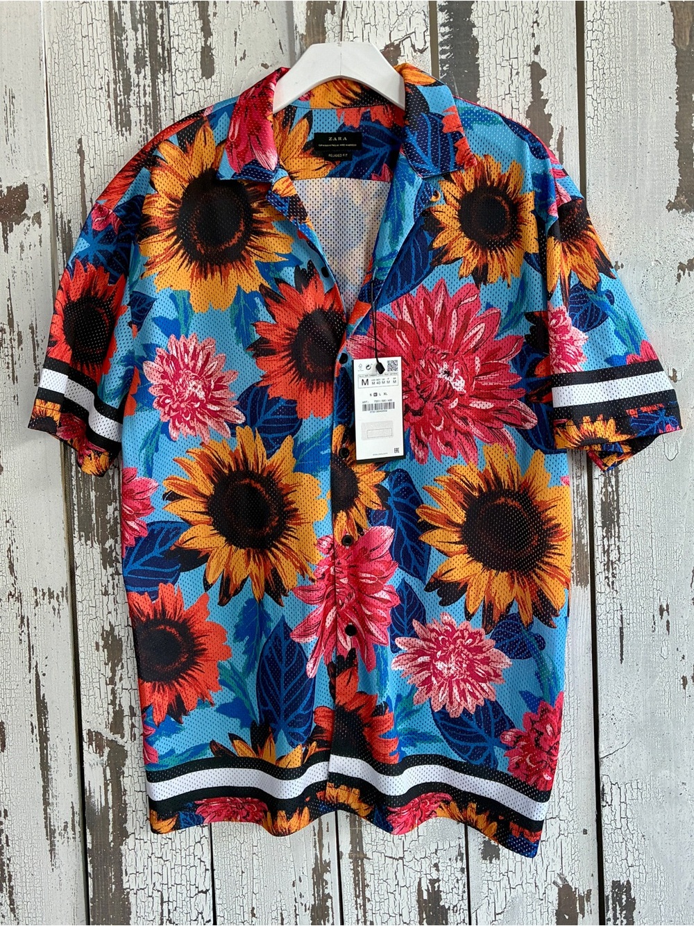 Zara Men's Floral Mesh Short Sleeve Button Up Shirt - Size M